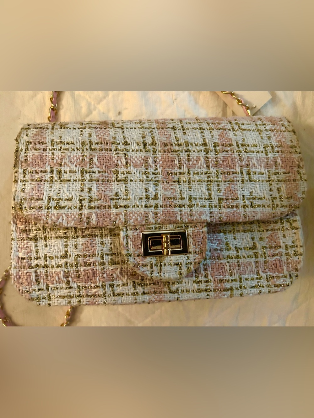 Francesca's Collections Pink, White & Gold Tweed Crossbody Bag